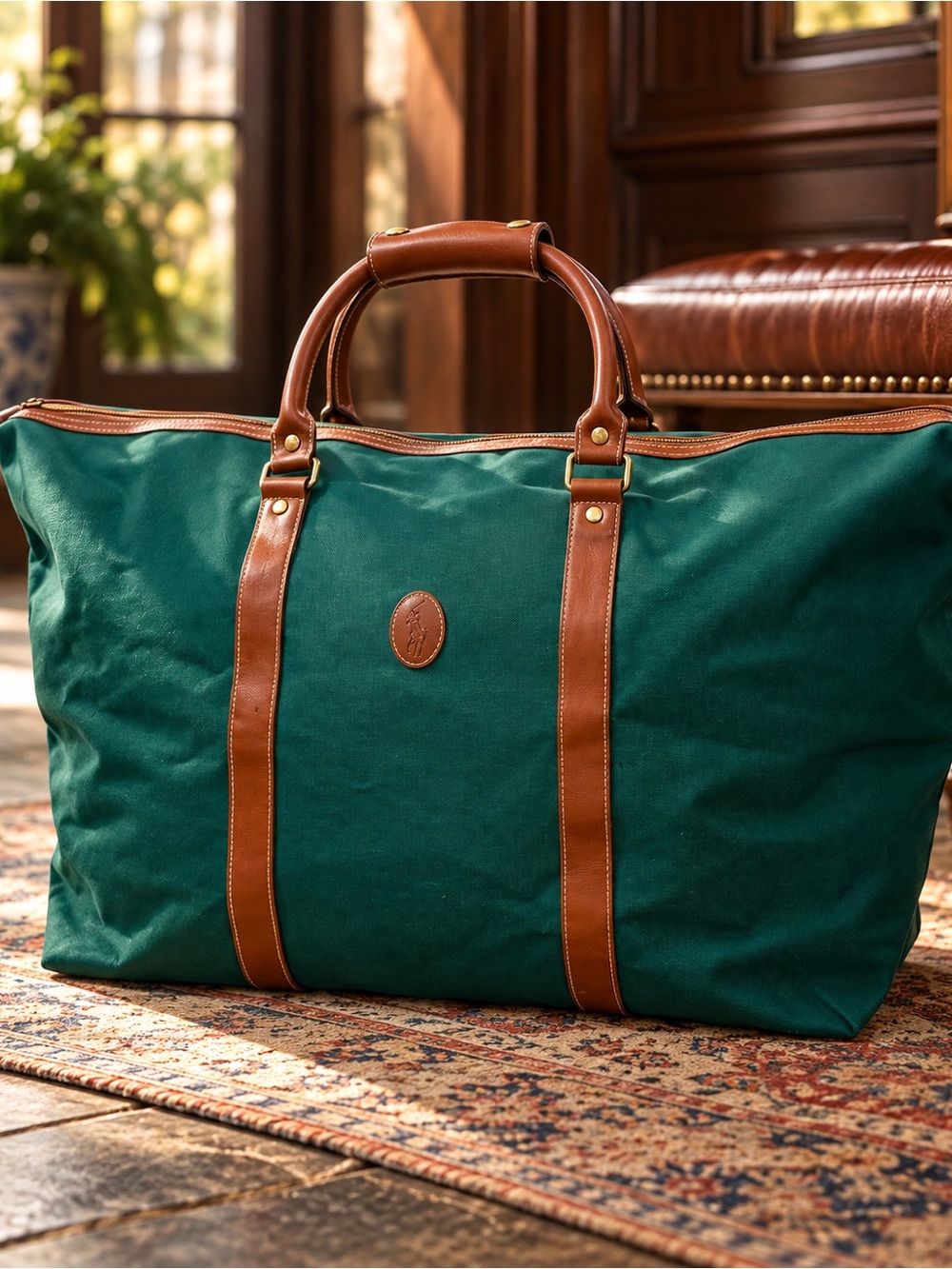 Vintage Ralph Lauren Fragrances Green Canvas Duffel Weekender Leather Trim Prep